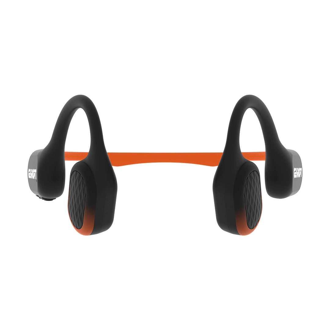 Sunset Orange GWS CURRENT 50 headphones, front view showing open-ear hooks and neckband