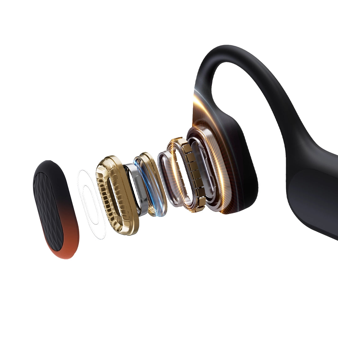 GWS CURRENT 50 headphones, exploded illustration of the bone-conduction transducer beside the ear hook