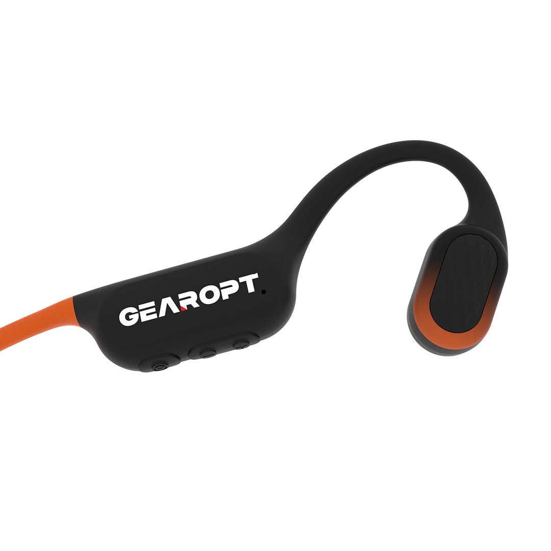 Sunset Orange GWS CURRENT 50 headphones, side close-up of ear hook and physical control buttons