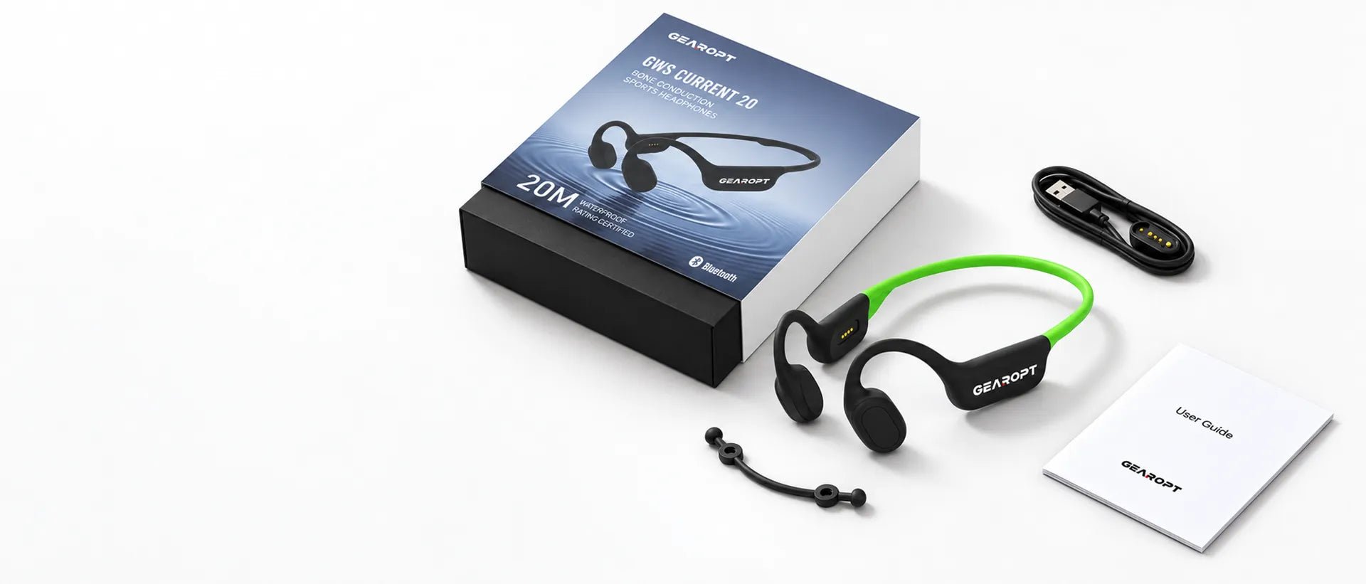 CURRENT 20 headphones, charging cable, adjust rope and user manual